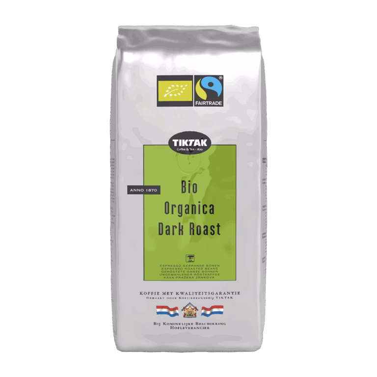 Produktbild: Kaffee TikTak Bio Organica Dark Roast ganze Bohne, 1000 g, aromaversiegelte Verpackung.