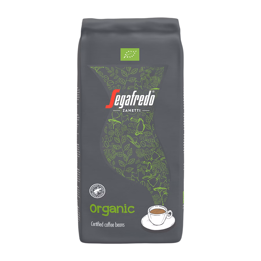 Produktbild: Kaffee Segafredo Organic ganze Bohne, 1000 g, aromaversiegelte Verpackung.